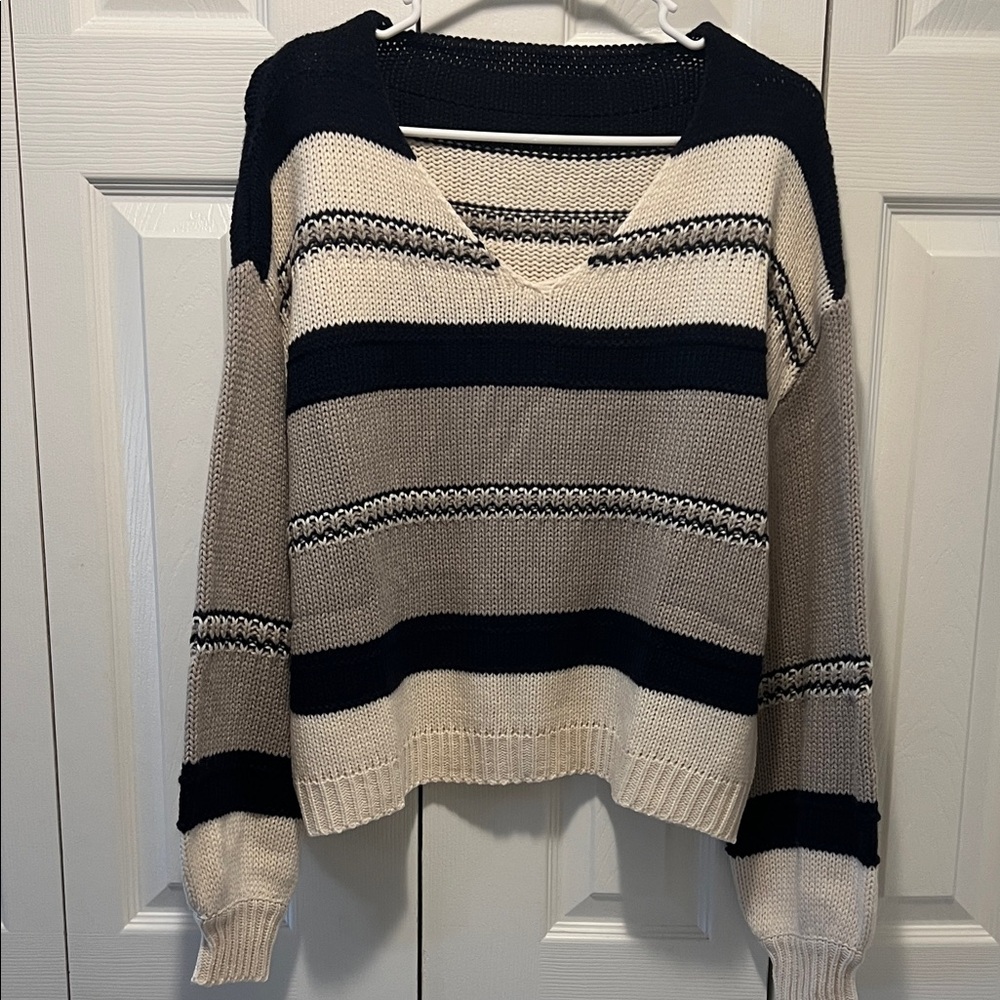 Striped V-Neck Sweater - Black and Cream